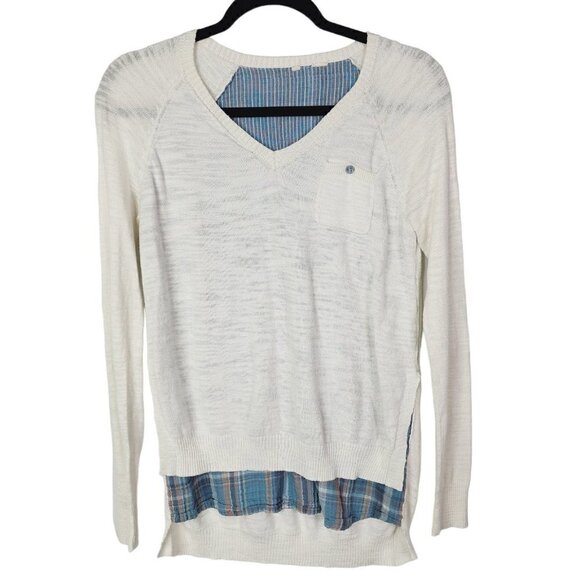 Anthropologie Moth V Neck Plaid Shirt Hem Sweater Layered Linen Blend Small? - Picture 2 of 12